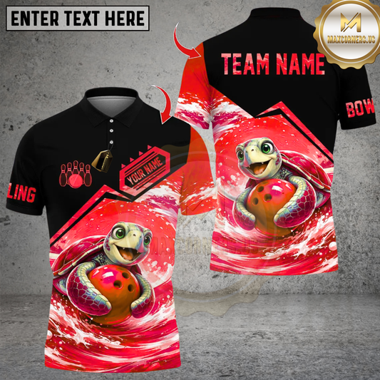 Maxcorners Bowling Ocean Cute Turtle Personalized Name, Team Name Unisex Shirt (4 Colors)