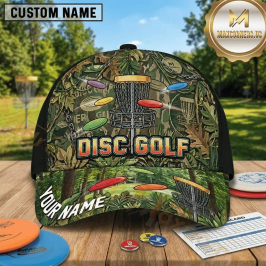 (2 Colors) Maxcorners Disc Golf Forest Chain Basket & Flying Discs Personalized Name 3D Cap LM3009