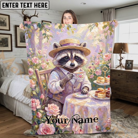 Maxcorners Whimsical Raccoon wearing Hat Drinking Tea in Garden Personalized 3D Blanket