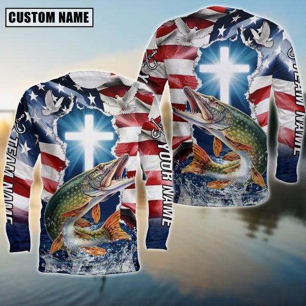 Maxcorners Pike Fishing Cross Jesus With Flag of the United States Pattern Sport Custom Name & Team Name 3D Shirts