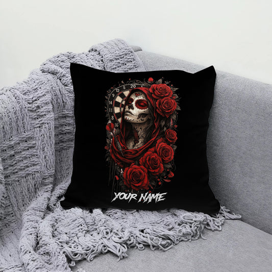 Maxcorners Darts Gothic Skull Lady Red Roses Multicolor Customized Name 3D Pillow