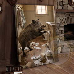 Maxcorners Wild Boar Canvas Rustic Bathroom Toilet Paper Mess Canvas Wall Art