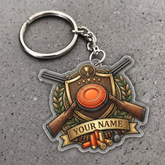 Maxcorners Clay Shooting Vintage Trophy Shotgun And Clay Target Customized Name 3D Keychain And Ornament