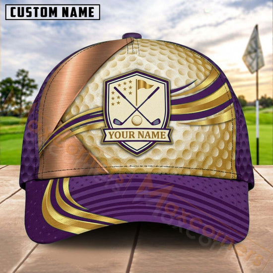 Maxcorners Golf Crossed Clubs Shield Gold Curve Personalized Name 3D Cap (7 Colors)