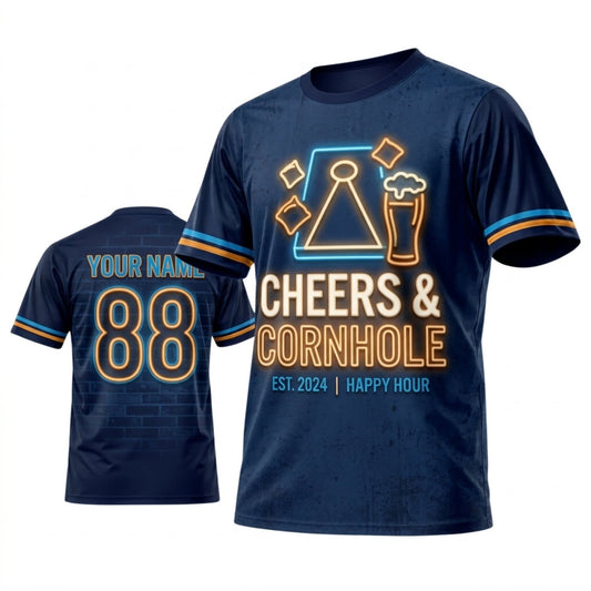 Maxcorners Cornhole Cheers And Cornhole Navy Gold Personalized Name 3D Unisex Shirt
