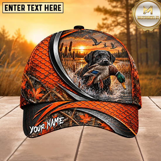 Maxcorners Dog Hunting And Duck Orange Black Curved Stripe Marsh Sunset Scene Multiple Options Personalized Name 3D Cap