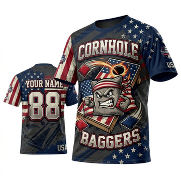Maxcorners Cornhole Cornhole Baggers Skull American Flag Personalized Name 3D Unisex Shirt