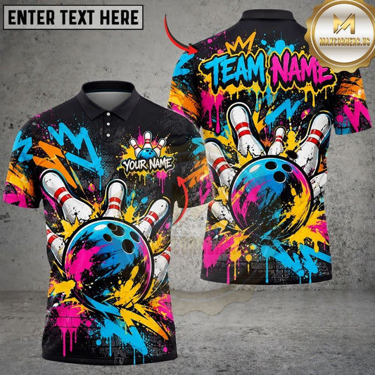 Maxcorners Bowling Vivid Street Graffiti Dripping Paint Splatter Pins Artwork Multicolor Customized Name, Team Name 3D Shirts