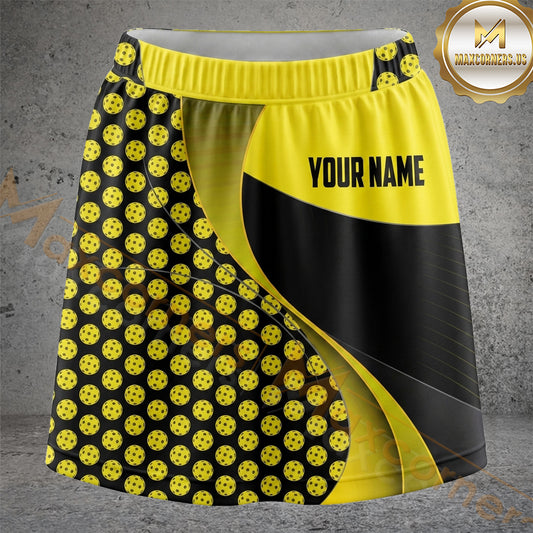Maxcorners Pickleball Yellow Black Halftone Curve Personalized 3D Skort, Skirts With Shorts