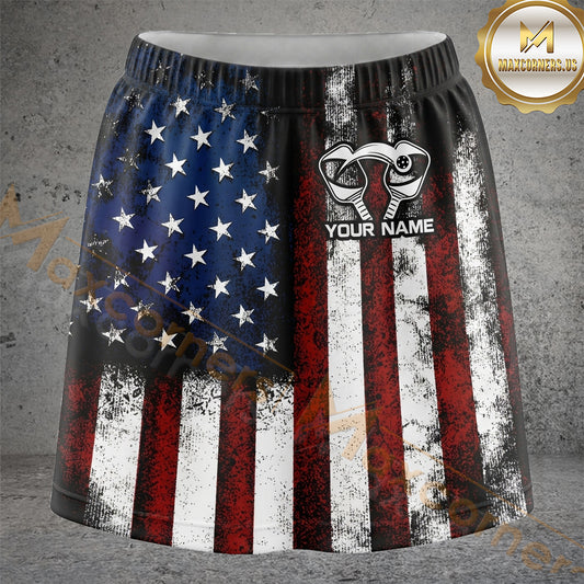 Maxcorners Pickleball Distressed American Flag Skull Sport Personalized 3D Skort, Skirts With Shorts