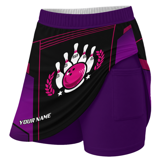 Maxcorners Customized Bowling Trouser Skirts With Shorts Underneath, Bowling Esports Purple Pattern Skorts With Pockets For Bowler