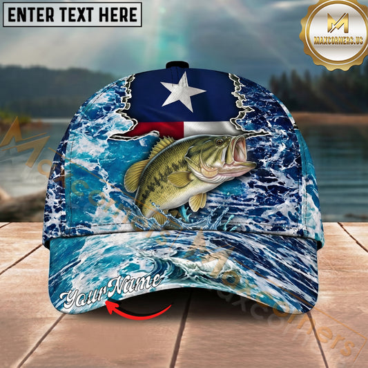 Maxcorners Fishing Texas Flag Ocean Wave Personalized Name 3D Cap (12 Fish Species)