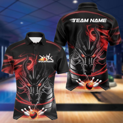 Maxcorners Custom Black And Red Flame Dragon Bowling Team Men Polo Shirts, Bowling League Shirt LM193