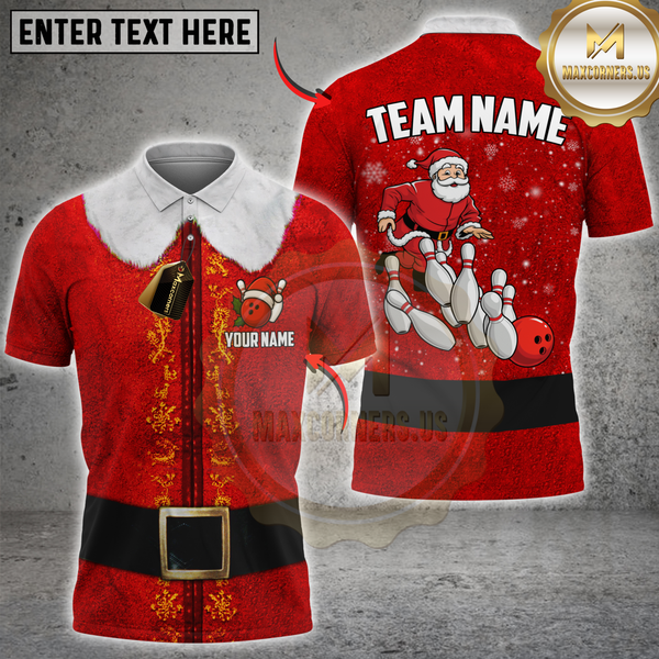 Maxcorners Santa Bowling Strike Elf Multicolor Customized Name, Team Name 3D Shirt