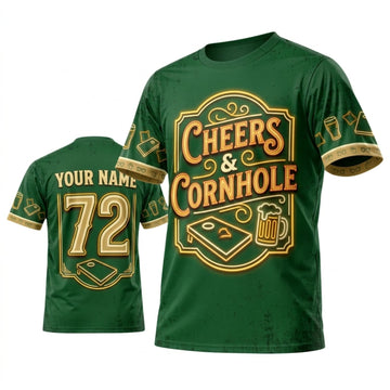 Maxcorners Cornhole Cheers And Cornhole Green Gold Personalized Name 3D Unisex Shirt