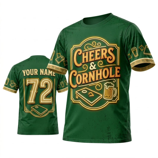 Maxcorners Cornhole Cheers And Cornhole Green Gold Personalized Name 3D Unisex Shirt