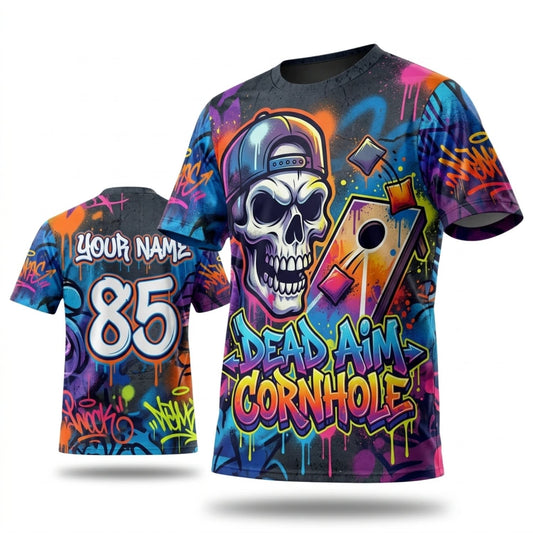 Maxcorners Cornhole Neon Skull Cosmic Graffiti Personalized Name 3D Unisex Shirt