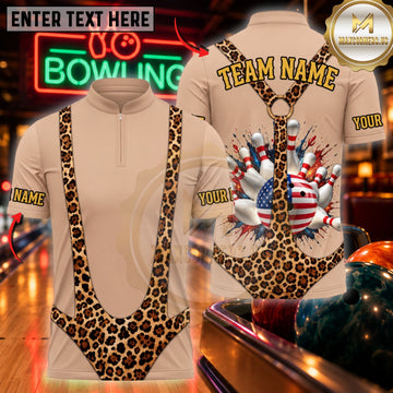 Maxcorners Bowling USA Flag Funny Leopard Borat Suit Pin Strike Apparel Customized Name, Team Name 3D Shirts