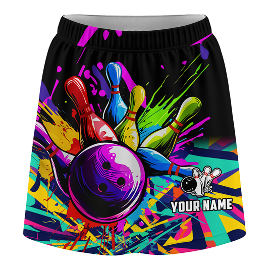Maxcorners Customized Bowling Trouser Skirts With Shorts Underneath, Bowling Rainbow Multicolor Paint Brushes Skorts With Pockets