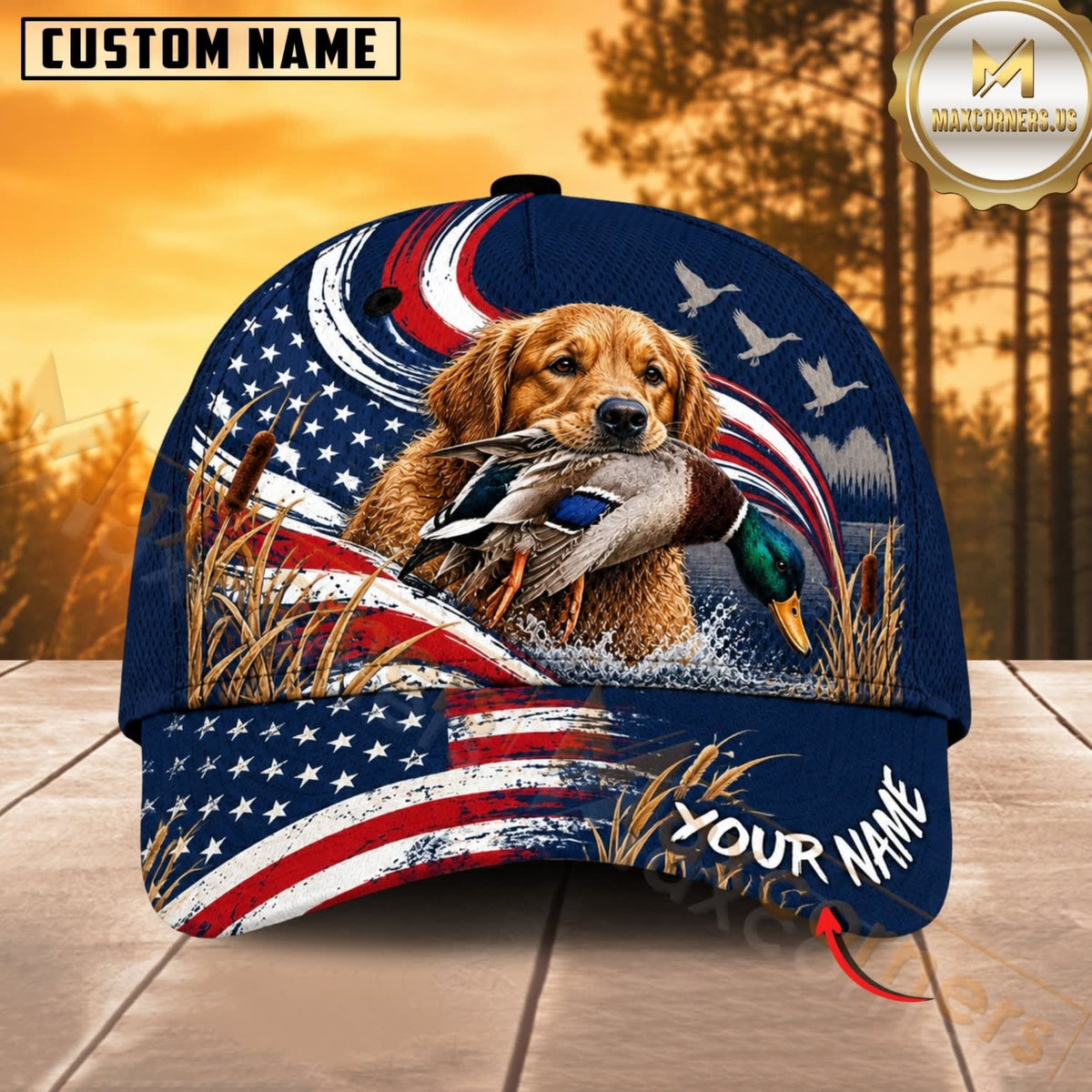 Maxcorners Dog Hunting And Duck Navy Blue Patriotic American Flag Personalized Name 3D Cap