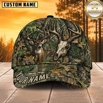 Maxcorners Deer Hunting Whitetail Buck Deer and Antler Skull Woodland Camo Customized Name 3D Cap