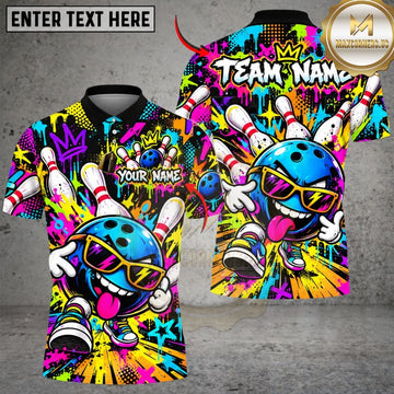Maxcorners Bowling Cool Mascot Sunglasses Crown Graffiti Paint Splatter Pins Graphic Customized Name, Team Name 3D Shirts