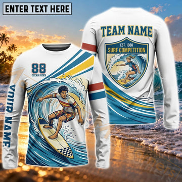 Maxcorners Surfboard Graphic & Colorful Coastal Wave Art Customized Name, Team Name 3D Long Sleeve Shirt