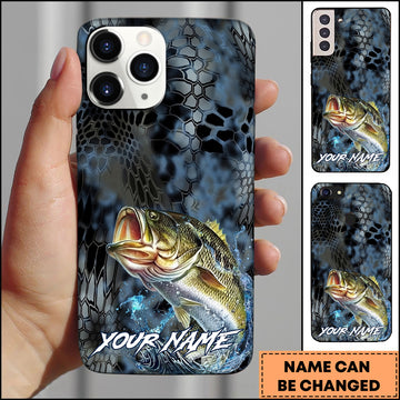 Maxcorners Bass Fishing Phone Case  Dark Hexagon Texture Smoke Blue Art Personalized Name Phone Case