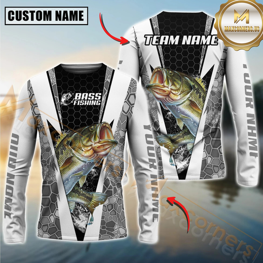 Maxcorners Fishing Black White Hexagon Hoodie Design Sun Protection Personalized Name, Team Name Long Sleeve Hooded