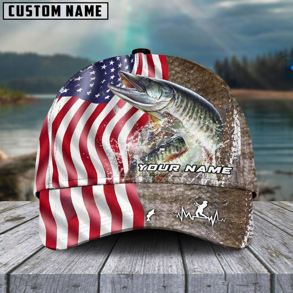 Maxcorners Musky Skin American Flag Fishing Customized Name Classic 3D Cap