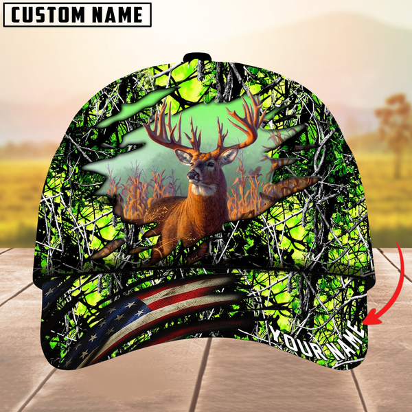 Maxcorners Deer Hunting USA Flag Crack Camouflage Pattern Multicolor Personalized Name 3D Cap