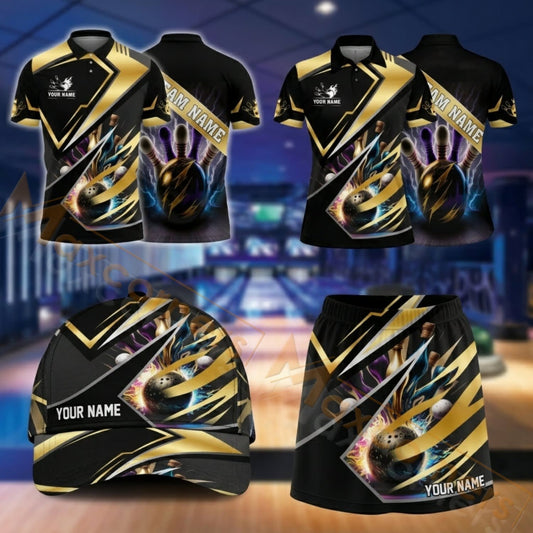 Maxcorners Bowling Black Gold Luxury Geometric Design Personalized Team Sportswear Set - Polo Shirt, Cap & Skorts