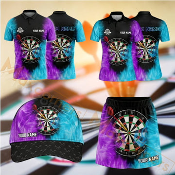 Maxcorners Darts Purple Teal Neon Dartboard Design Personalized Team Sportswear Set - Polo Shirt, Cap & Skorts