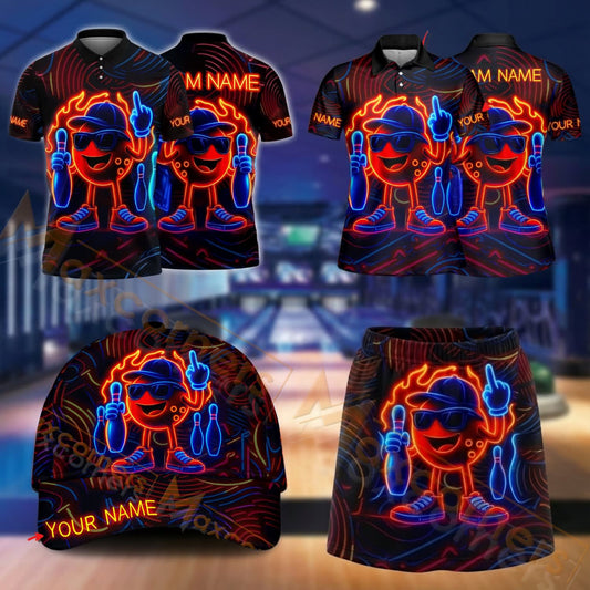 Maxcorners Bowling Cool Bowling Ball Character Flame Design Personalized Team Sportswear Set - Polo Shirt, Cap & Skorts