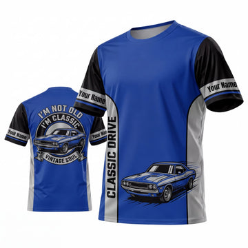 Maxcorners Personalized Car Classic Muscle Car 3D T-Shirt – Royal Blue Black Racing Stripes and Blue Muscle Car