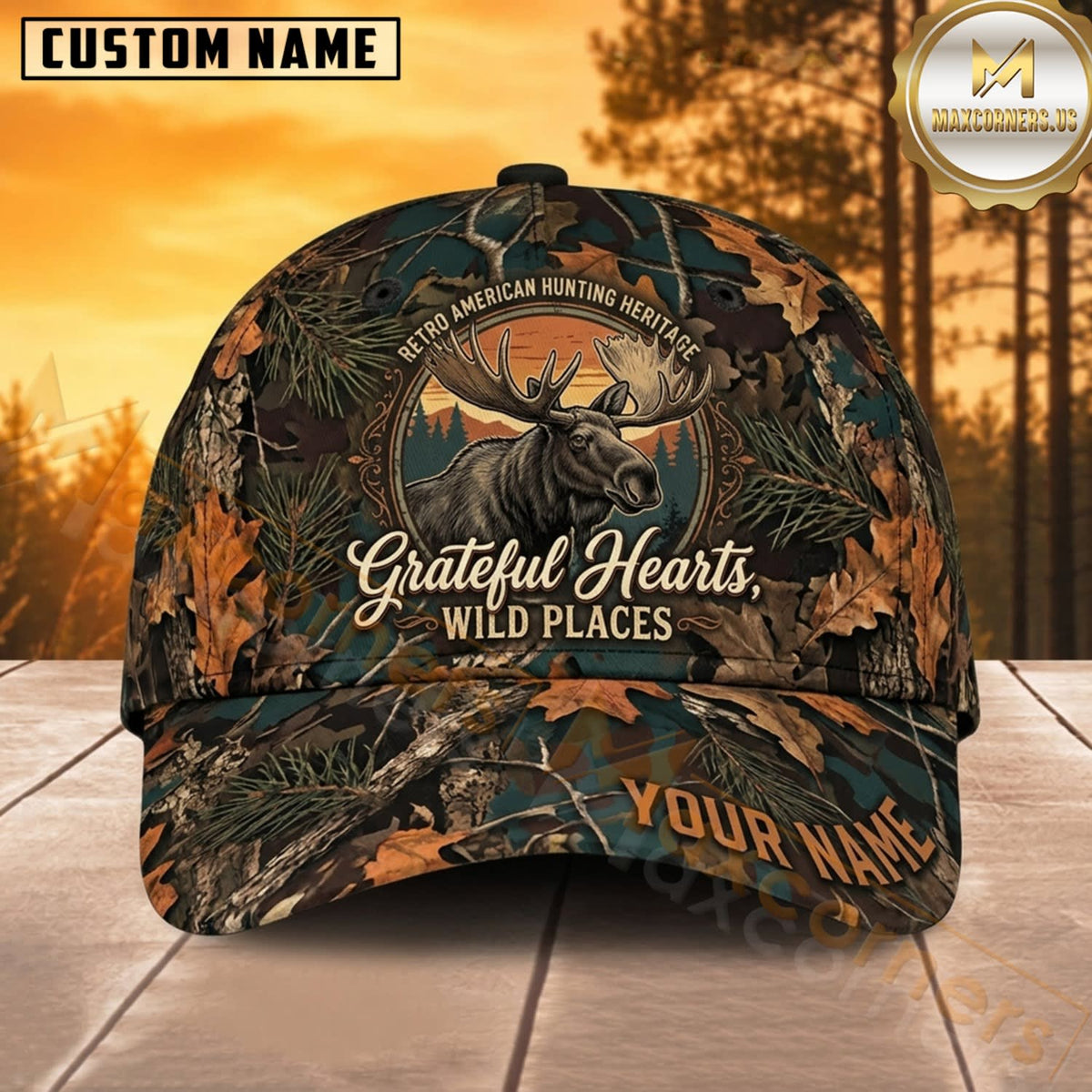 Maxcorners Moose Hunting Bull Moose Grateful Hearts Wild Places Woodland Emblem Camo Customized Name 3D Cap