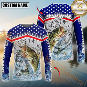 Maxcorners Bass Fishing American Anchor Compass Lighthouse Graphic Custom Name & Team Name 3D Shirts