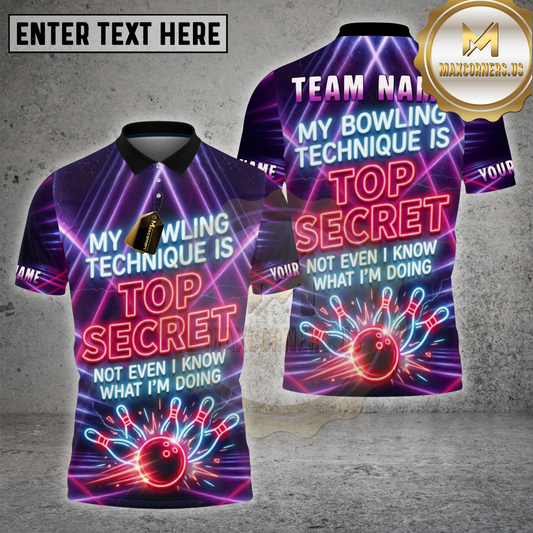 Maxcorners Bowling Shirt Top Secret Technique Design Multicolor Options Personalized Name, Team Name 3D Shirt (4 Colors)