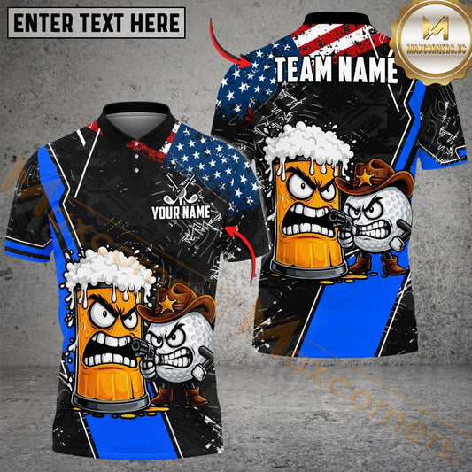 Maxcorners Golf Funny Cowboy Beer Design Customized Name, Team Name Shirts (2 colors)