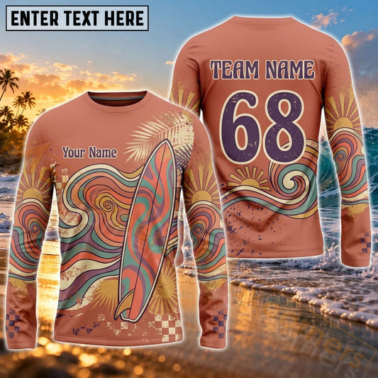 Maxcorners Surfing Vintage Coastal Ocean Art Customized Name, Number, Team Name 3D Long Sleeve Shirts