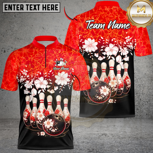 Maxcorners Bowling Cherry Blossom Flower Multicolor Customized Name, Team Name 3D Shirts