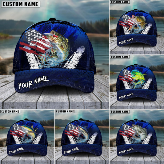 Maxcorners Fishing Dark Blue Scratch American Flag Pattern Sport Pattern Personalized Name 3D Cap (11 Breeds)