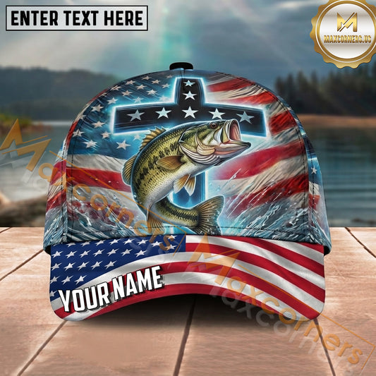 Maxcorners Fishing Patriotic Cross Flag Personalized Name 3D Cap (12 Fish Species)
