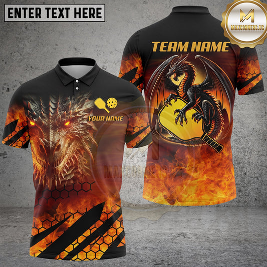 Maxcorners Pickleball Polo Fire Dragon Paddle Crest Multiple Options Personalized Name, Team Name 3D Shirt