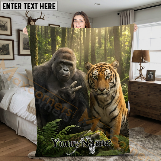 Maxcorners Gorilla and Tiger Taking Selfie in Forest Personalized 3D Blanket