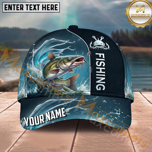 Maxcorners Fishing Blue Water Wave Personalized Name 3D Cap (12 Fish Species)
