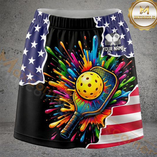 Maxcorners Pickleball American Flag Color Splash Ball Personalized 3D Skort, Skirts With Shorts