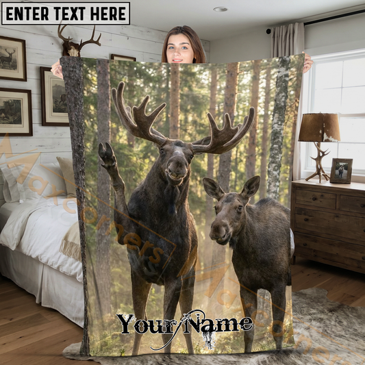 Maxcorners Funny Moose Family Waving Selfie in Forest Personalized 3D Blanket