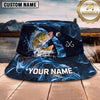 Maxcorners Fishing Blue Water Wave Fishing Illustration with Bold Hook Personalized Name 3D Bucket Hat (13 Fish Species)
