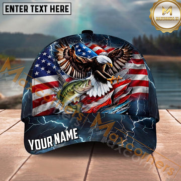 Maxcorners Fishing Patriotic Eagle Storm Personalized Name 3D Cap (12 Fish Species)